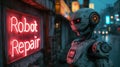 Humanoid AI robot looks at Robot Repair workshop on city street at night, dark cyberpunk alley with purple and red light of neon