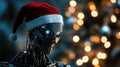 Humanoid AI robot in Santa Claus hat empty space banner Royalty Free Stock Photo