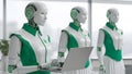 Humanoid AI Robots Collaborating in a Modern Corporate Office Environment Royalty Free Stock Photo