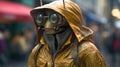 A humanoid alien person in a yellow raincoat and goggles. AI