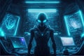 Humanoid alien stands by futuristic control panel, spaceship command post, generative AI