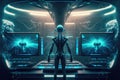 Humanoid alien works with futuristic control panel, spaceship command room, generative AI