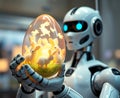 A humanoid android holding a transparent Easter egg filled with floating holographic bunnies Royalty Free Stock Photo