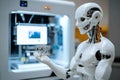 Humanoid android holds metal prototype in advanced manufacturing facility. Generative AI Royalty Free Stock Photo