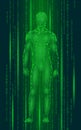 Humanoid android man standing cyberspace binary code. Robot artificial intelligence low poly polygonal human body