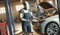 Humanoid Android Robot Mechanic Working on Car in Garage