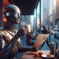 humanoid android robot sitting in a cafe drinking coffee