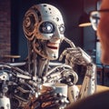 humanoid android robot sitting in a cafe drinking coffee and talking