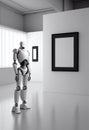 Humanoid android robot thinking of a creative machine learning idea for an artwork on a blank canvas in an artist studio galley