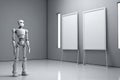 Humanoid android robot thinking of a creative machine learning idea for an artwork on a blank canvas in an artist studio galley