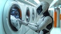 Humanoid android sorting and loading clothes in a futuristic laundry facility during the day
