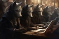 Humanoid canine robot office workers working on a laptop computer