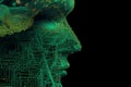 Humanoid cyber girl with a neural network thinks. Artificial intelligence with a digital brain is learning to process big data