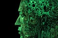 Humanoid cyber girl with a neural network thinks. Artificial intelligence with a digital brain is learning to process big data