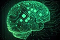 Humanoid cyber girl with a neural network thinks. Artificial intelligence with a digital brain is learning to process big data