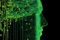 Humanoid cyber girl with a neural network thinks. Artificial intelligence with a digital brain is learning to process big data