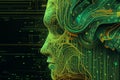 Humanoid cyber girl with a neural network thinks. Artificial intelligence with a digital brain is learning to process big data