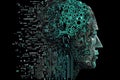 Humanoid cyber girl with a neural network thinks. Artificial intelligence with a digital brain is learning to process big data
