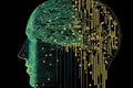 Humanoid cyber girl with a neural network thinks. Artificial intelligence with a digital brain is learning to process big data