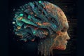 Humanoid cyber girl with a neural network thinks. Artificial intelligence with a digital brain is learning to process big data