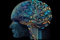 Humanoid cyber girl with a neural network thinks. Artificial intelligence with a digital brain is learning to process big data