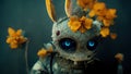 A humanoid cyber rabbit with flowers on its head. Robots are the animals of the future. Portrait. AI created a digital art