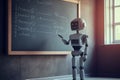 Humanoid education robot teacher in front of a school classroom chalkboard