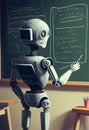 Humanoid education robot teacher in front of a school classroom chalkboard teaching pupils