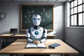 Humanoid education robot teacher in front of a school classroom chalkboard teaching pupils about mathematics