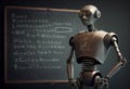 Humanoid education robot teacher in front of a school classroom chalkboard