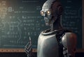 Humanoid education robot teacher in front of a school classroom chalkboard