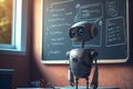 Humanoid education robot teacher in front of a school classroom chalkboard