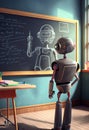 Humanoid education robot teacher in front of a school classroom chalkboard