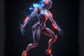 Humanoid female android with metal suit standing in a confident pose. blue and purple color tones. Neural network