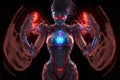 Humanoid female android with metal suit standing in a confident pose. blue and purple color tones. Neural network
