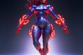 Humanoid female android with metal suit standing in a confident pose. blue and purple color tones. Neural network