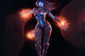 Humanoid female android with metal suit standing in a confident pose. blue and purple color tones. Neural network