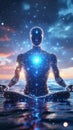 Floating Humanoid over Digital Ocean with Neural Networks Royalty Free Stock Photo