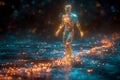 A humanoid figure made of light and circuitry, representing AI, stands at the center of a vast web of connected lines and nodes