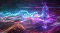 A humanoid figure made of sound waves explores a vibrant data stream, visualizing AI's journey to understand human