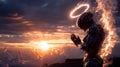 A humanoid figure, seemingly robotic, stands with hands clasped in a prayer-like Royalty Free Stock Photo