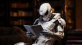 humanoid mechanized robot reading a book