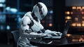 humanoid mechanized robot studying and working on a laptop