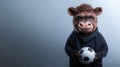 Humanoid monkey creature holding soccer ball against gray background Royalty Free Stock Photo