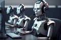 Humanoid robot ai assistant chat bot working in call center with headset and notebook Royalty Free Stock Photo