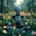 Humanoid robot, ai-generated droid is meditation in lotus pose in a forest with glowing flowers