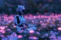 Humanoid robot, ai-generated droid is meditation in lotus pose in a forest with glowing flowers