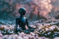 Humanoid robot, ai-generated droid is meditation in lotus pose in a forest with glowing flowers