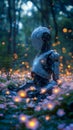 Humanoid robot, ai-generated droid is meditation in lotus pose in a forest with glowing flowers