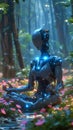 Humanoid robot, ai-generated droid is meditation in lotus pose in a forest with glowing flowers